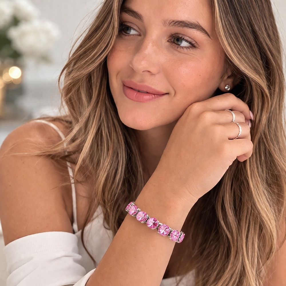 Handmade Pink Crystal Tennis Bracelet | Statement Sparkle | Rare Artisan Piece - Picture 2 of 4